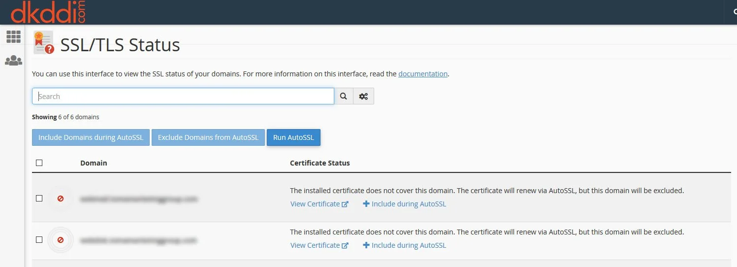 cPanel SSL/TLS status page