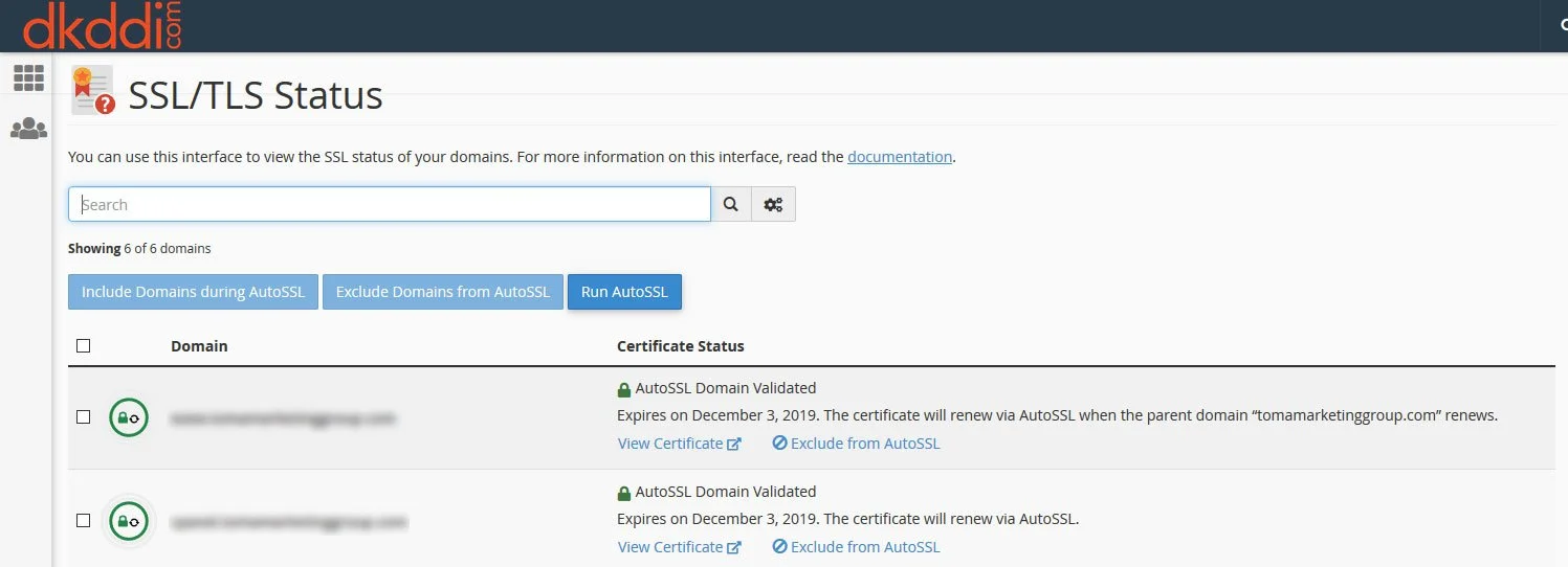 cPanel SSL/TLS status complete