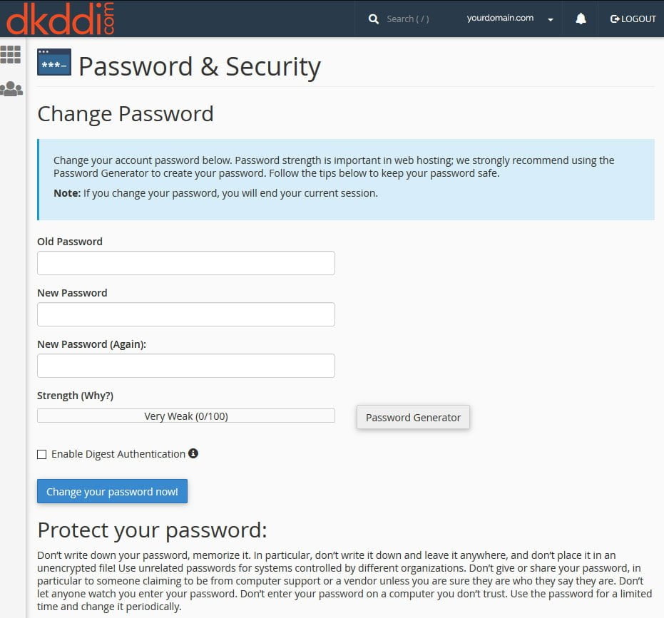 cPanel change password form