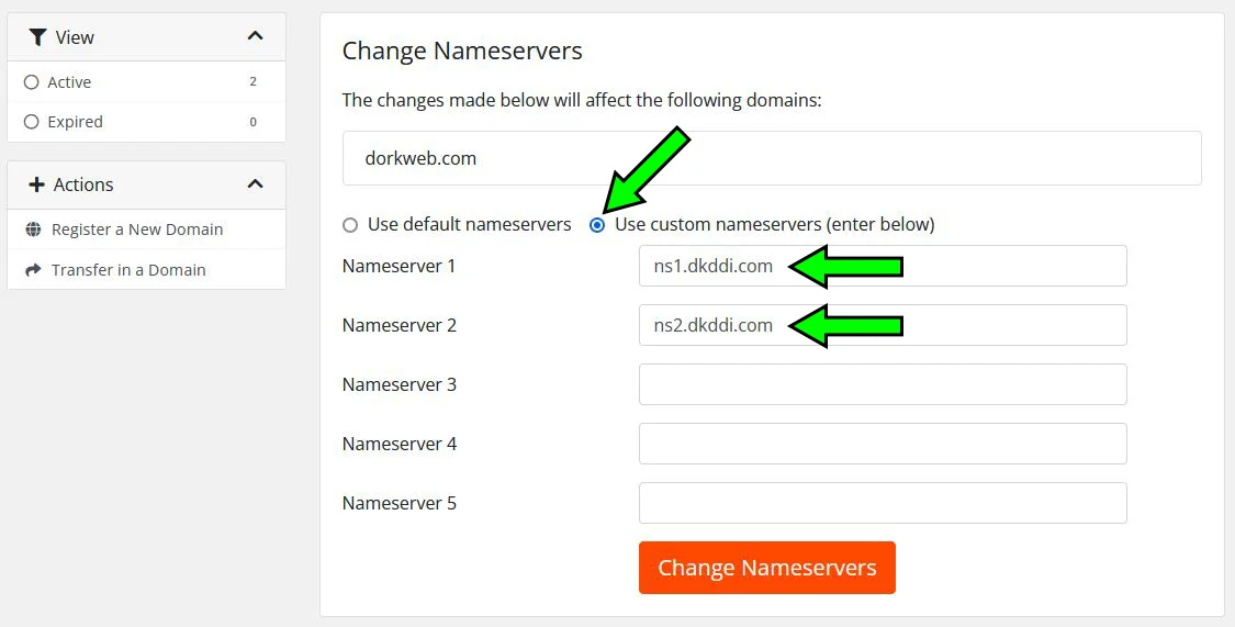 Change nameservers page