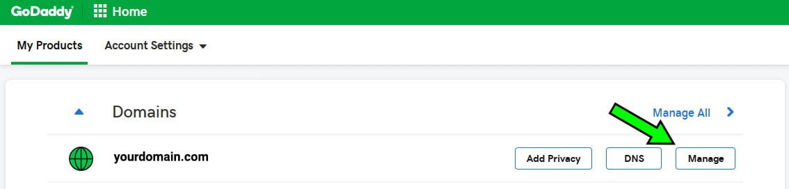 GoDaddy manage domains button