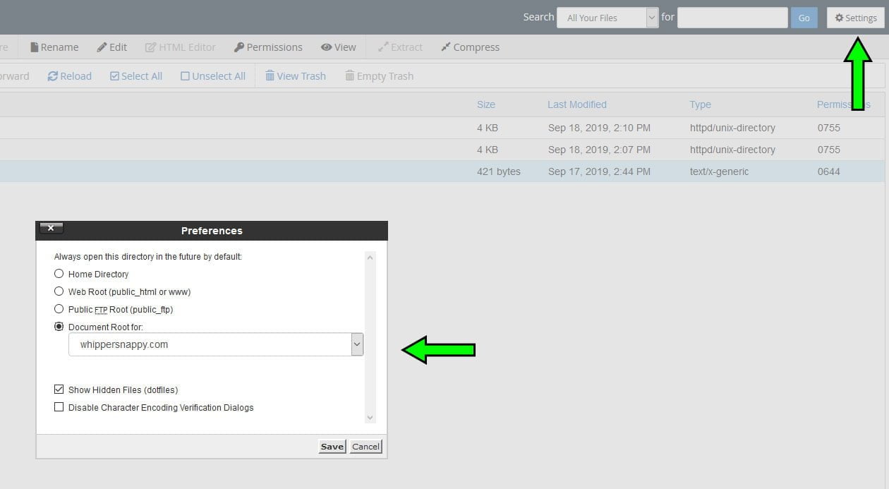cPanel edit preferences show hidden files