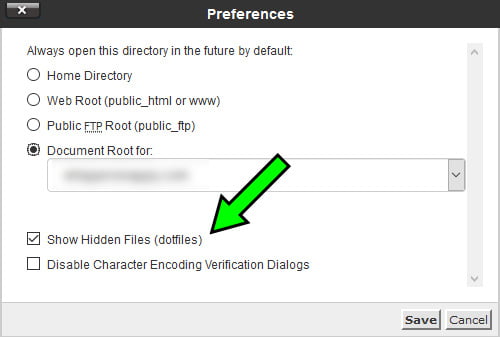 cPanel file manager preferences dialog